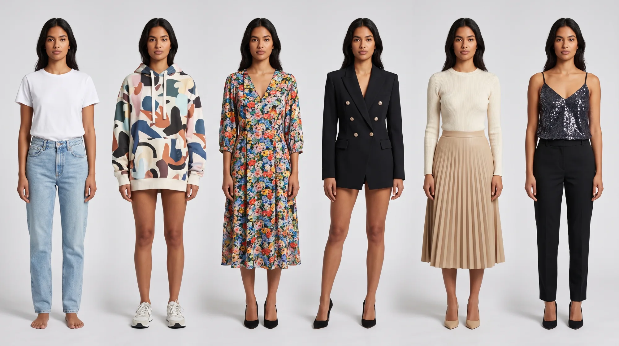 The same AI model wearing six different outfits from one collection