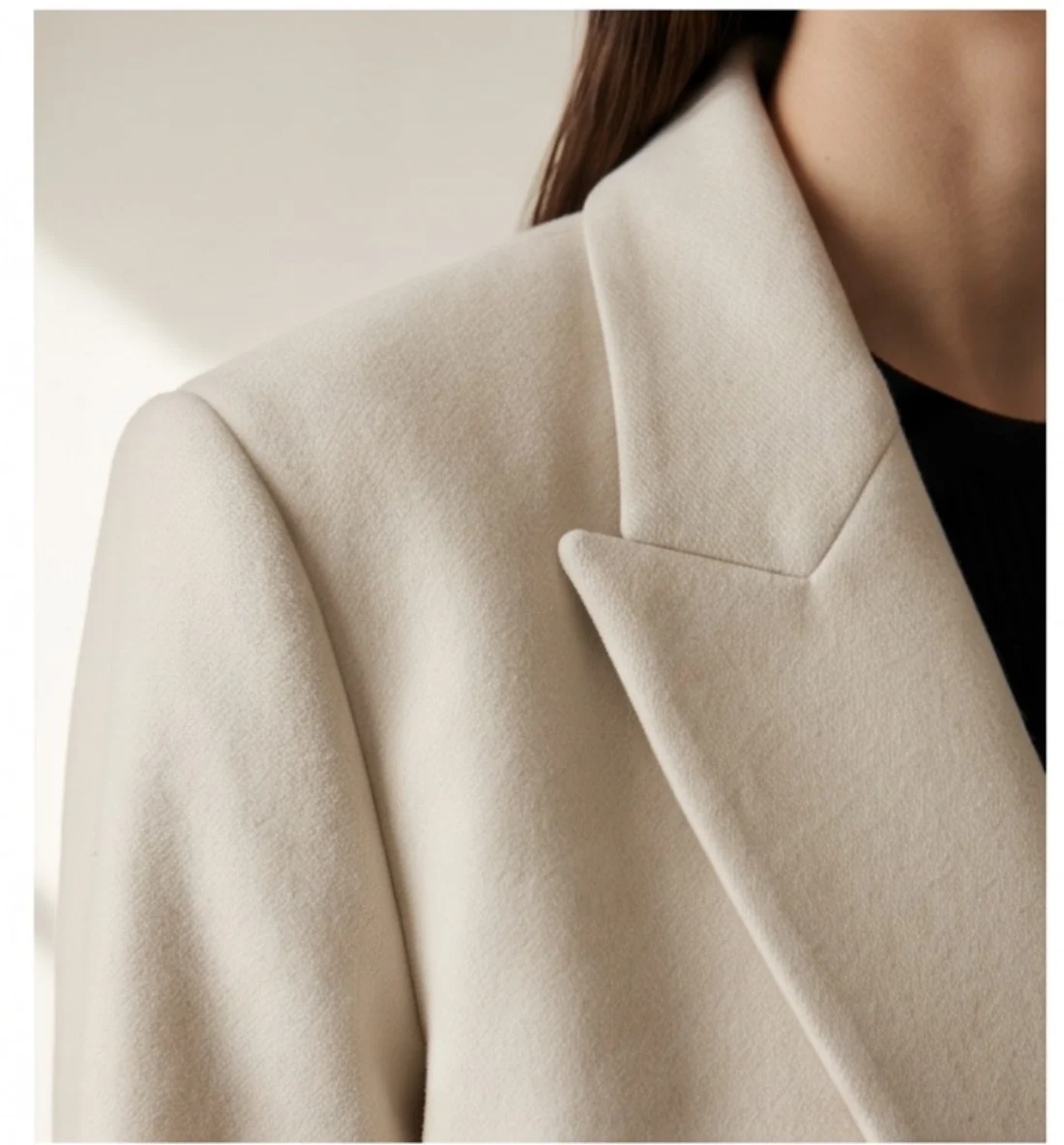 Bone wool blazer, print and logo close-up