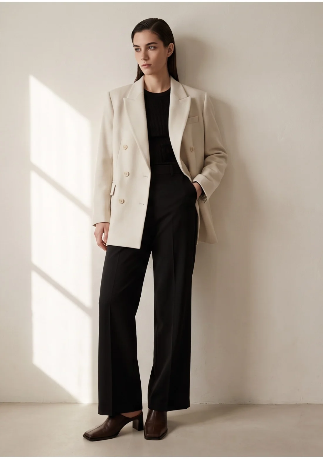 Wide-leg tailored trousers, on the model