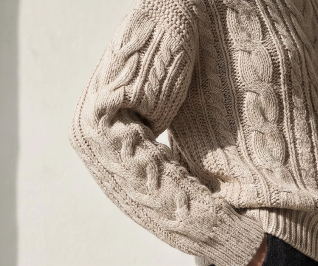 Cable-knit sweater, print and logo close-up