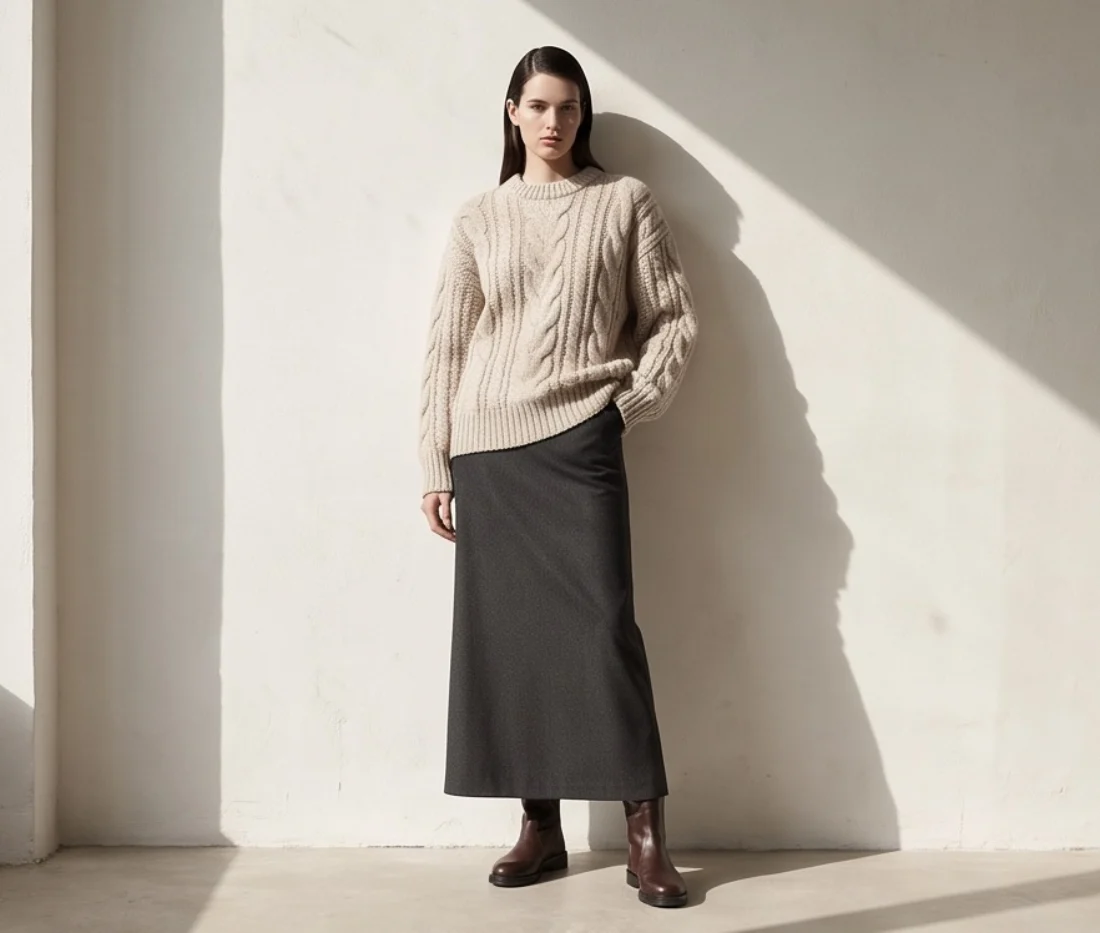 Cable-knit sweater, on the model