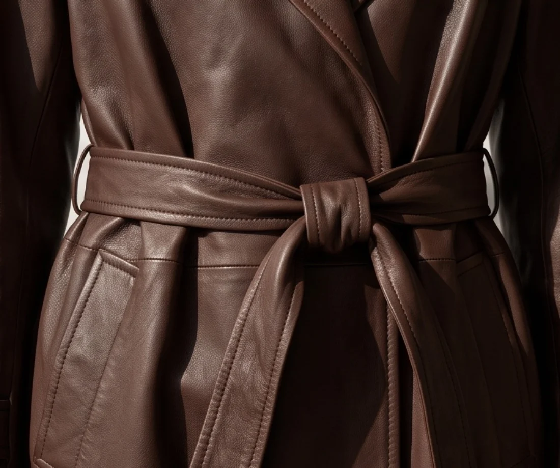 Leather trench coat, print and logo close-up