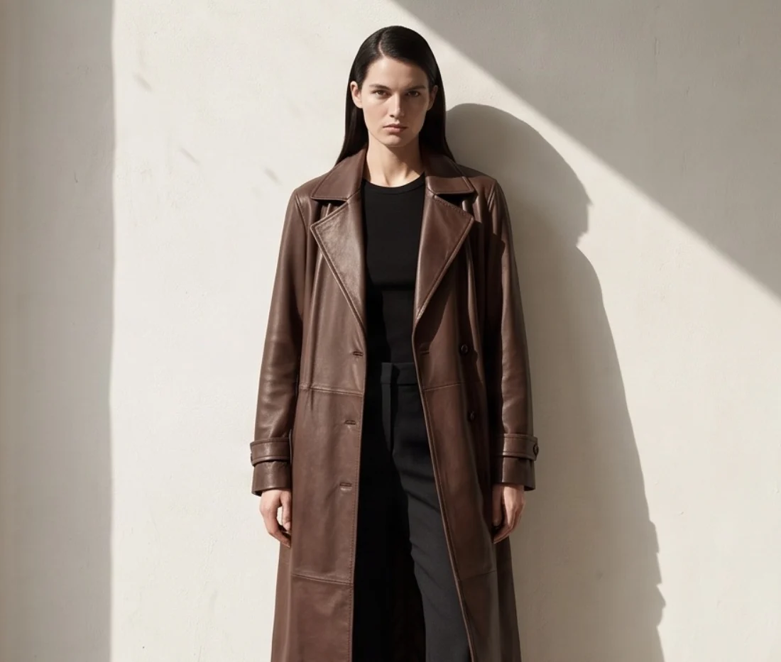 Leather trench coat, on the model