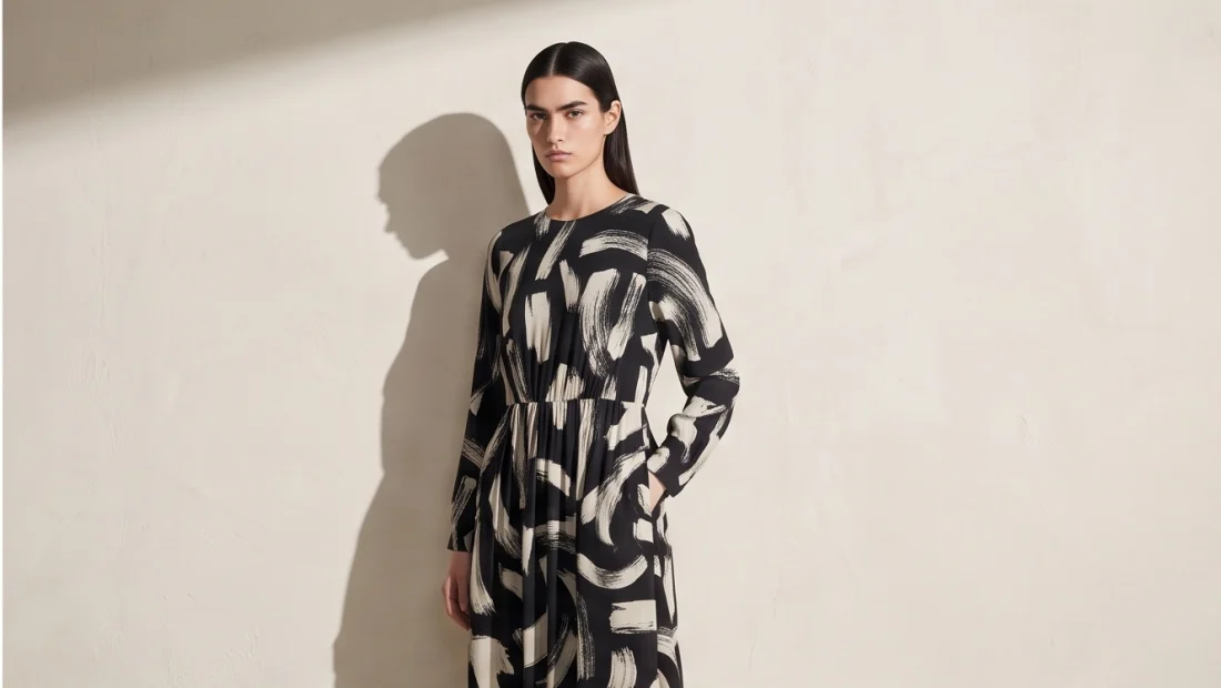 Brushstroke print dress, on the model