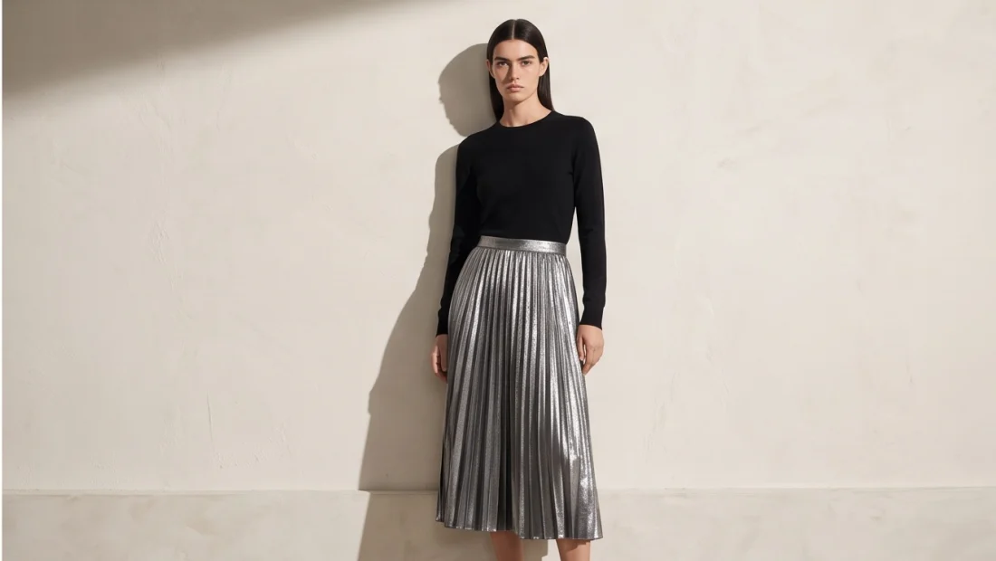 Metallic pleated skirt, on the model