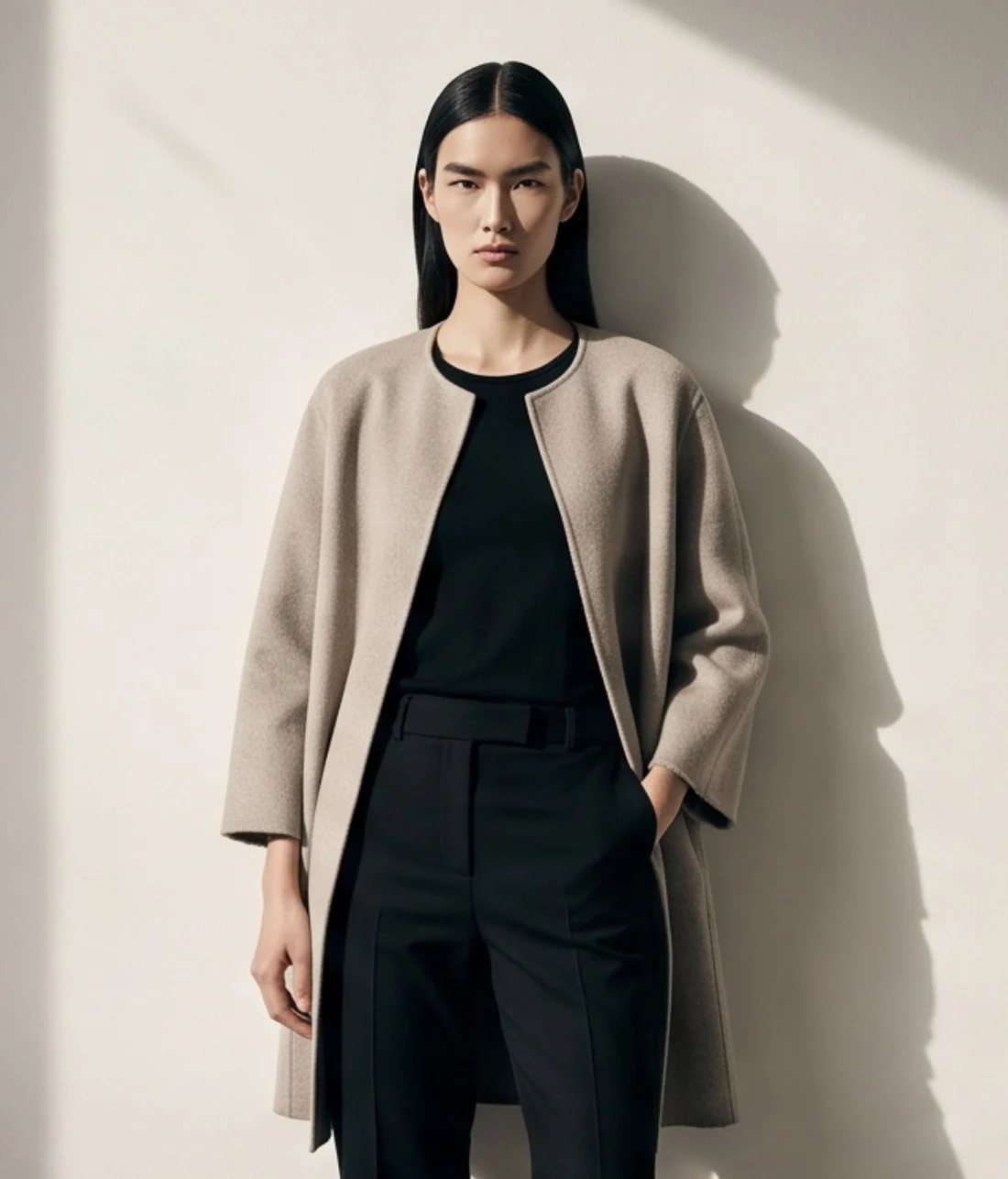 Stone wool coat, on the model
