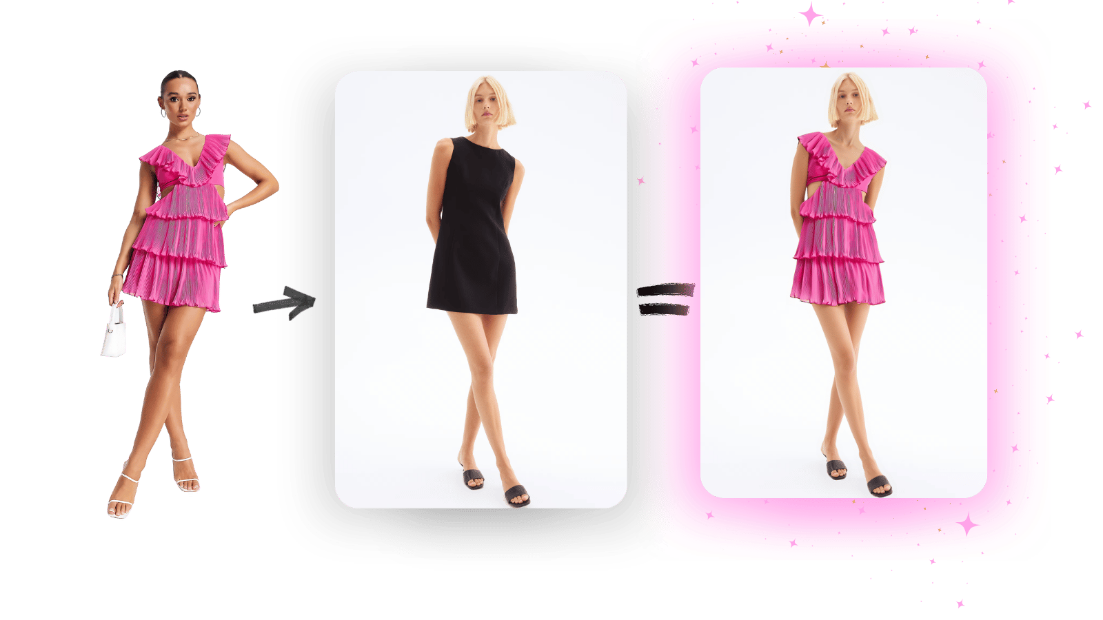 Virtual Try-On - Fashion dress transformation showing model in pink dress