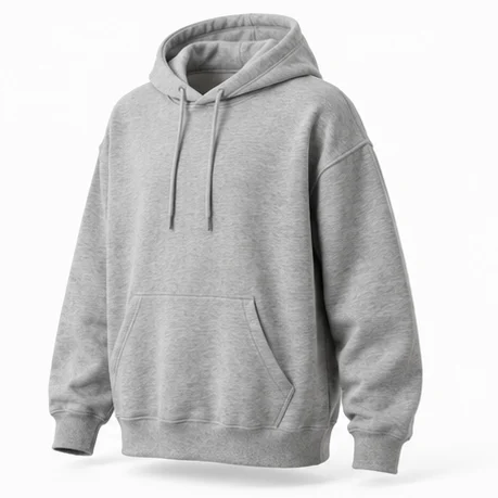 Grey hoodie as a ghost mannequin, 3/4 Front Right