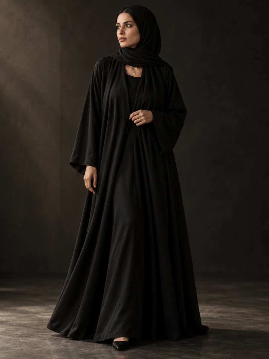 Black abaya, worn on a model